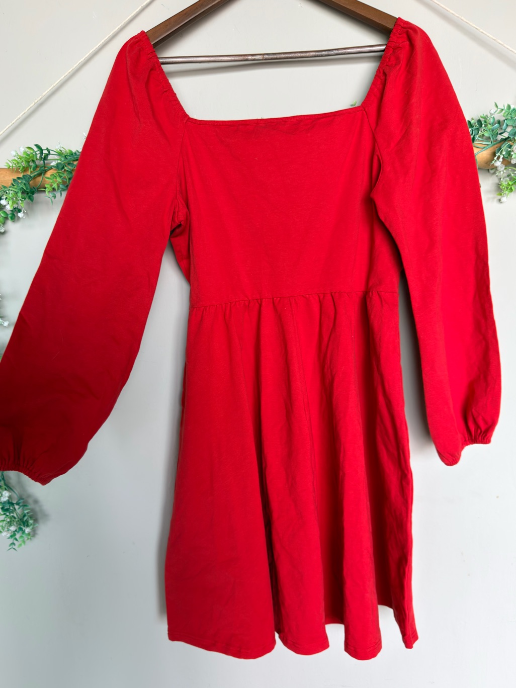 Red Long Sleeve Square Neck Cotton Dress